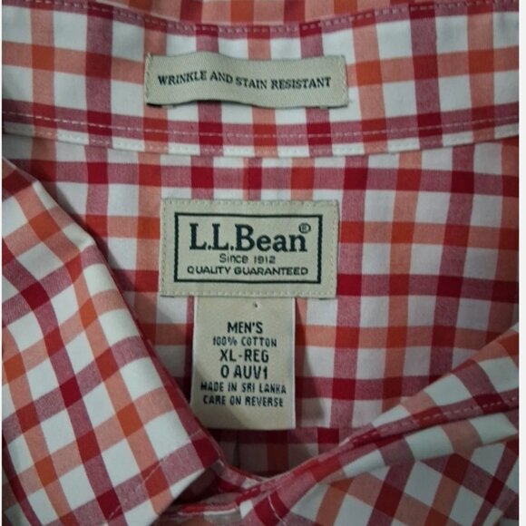 L.L. Bean Men's XL Cotton Red/Orange Check Wrinkle And Stain Resisitant Shirt LS - Picture 3 of 10